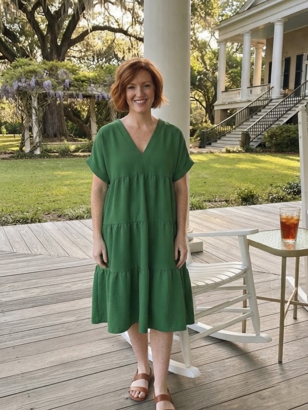 Chic Soul Women’s V-Neck Tiered Green Casual Dress